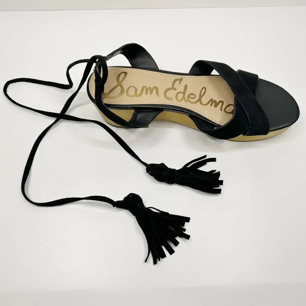 SAM EDELMAN Jenna Ankle Wrap Wooden‎ Clog Sandals Retro Lace Up Black Sz 7
